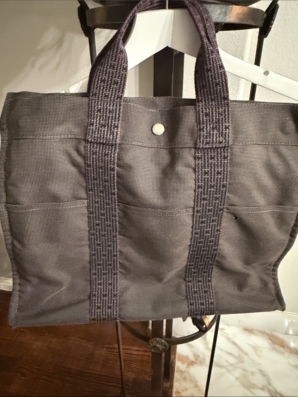 Hermes Gray Canvas Tote with Branded Snap